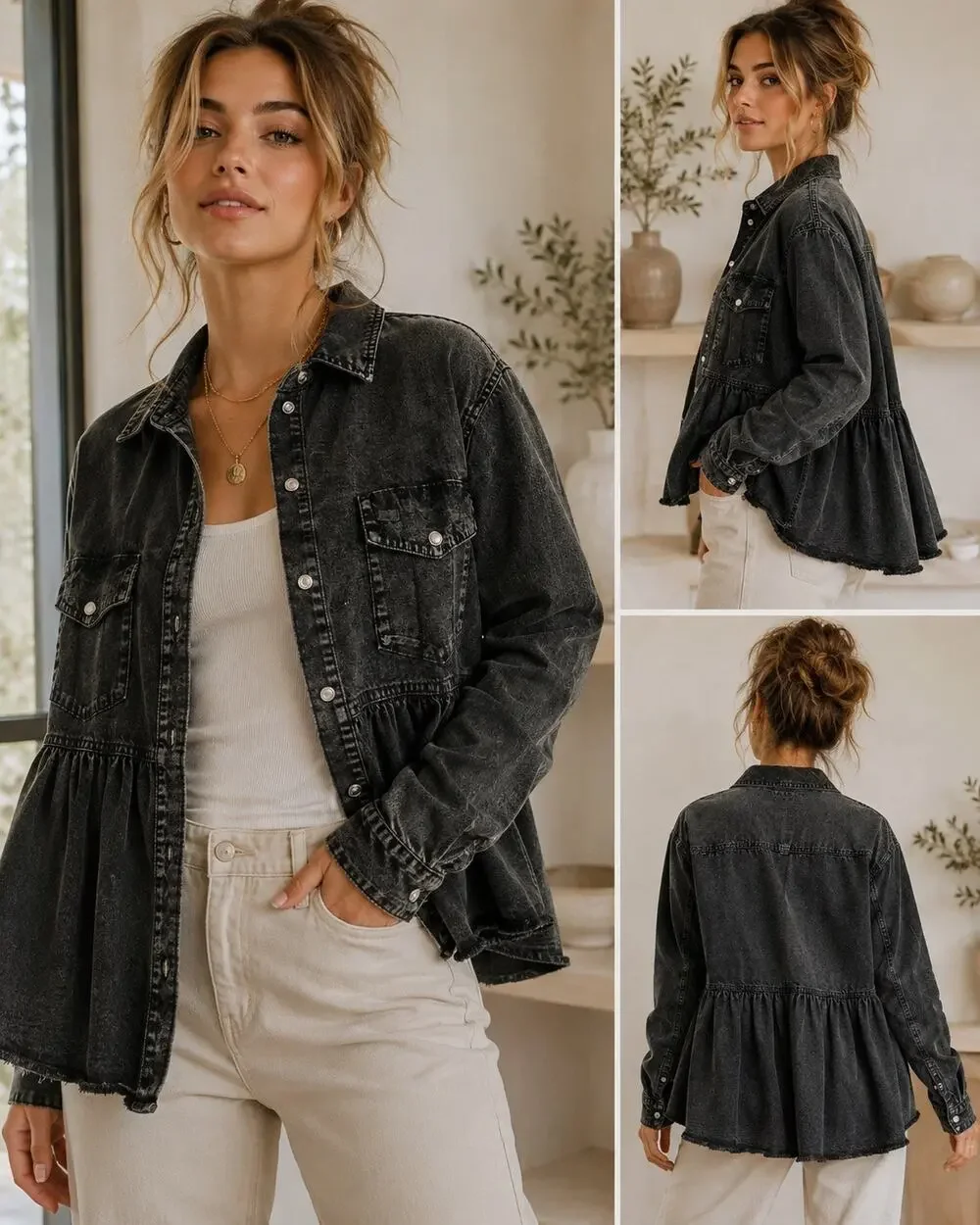 Free People We The Free Washed Black Oversized Peplum Denim Shacket Jacket XL